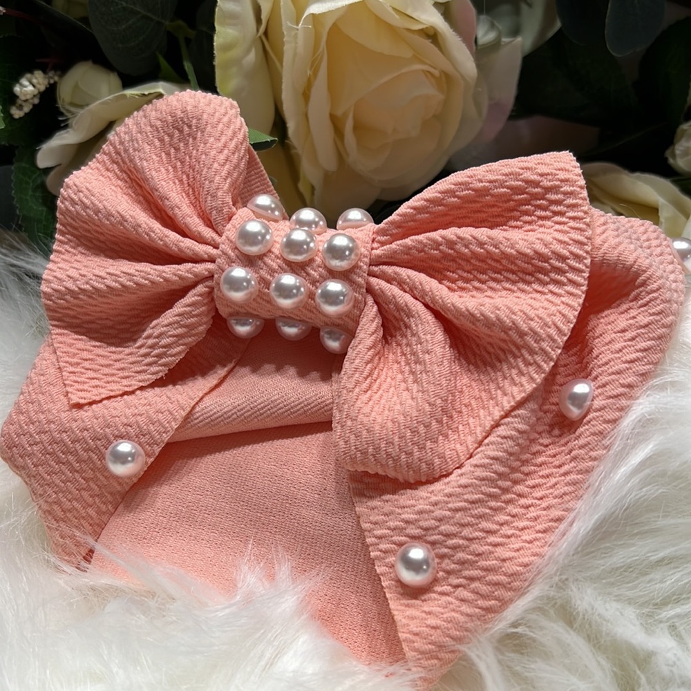 Pearl adorned bow waffle fabric wide headband